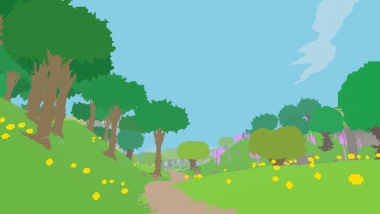 A tree lined path in Proteus, one of the most relaxing games