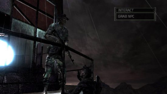 Best stealth games - Sam Fisher is hanging from the side of a ship's platform with a soldier walking close by.