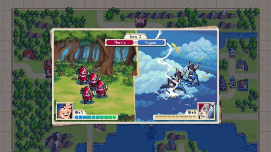 Best turn-based strategy games - red mages are attacking flying enemies in blue in Wargroove.