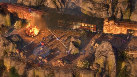 A man on a train shoots down at some bandits in western game Desperados III