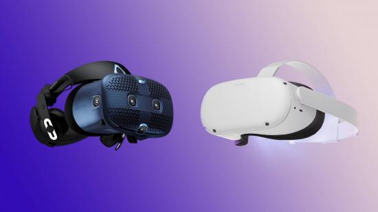 Oculus Quest 2 and HTC Vive on blue gradient backdrop