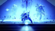 Three Destiny 2 Guardians running towards the camera using Stasis abilities