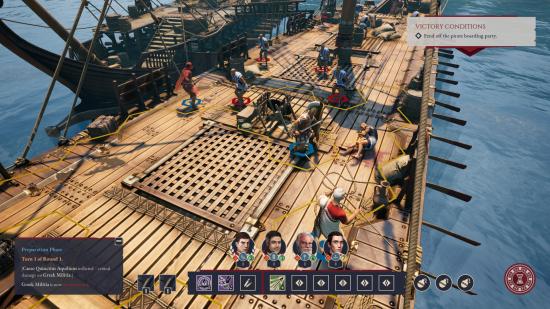 Best turn-based RPGs: Expeditions: Rome. Image shows a ship full of people at sea.