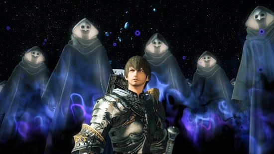 a FFXIV Paladin on the moon surrounded by shades