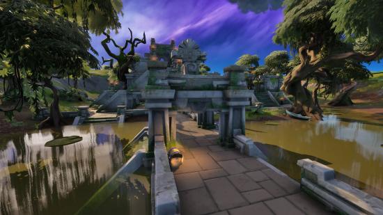 A ruined temple in Fortnite, surrounded by murky swamp water