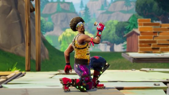 Fortnite tips: a looper with an afro and LED lights. He's about to drink a blue liquid from a bottle.