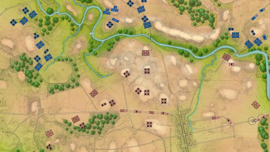 A map of Antietam with red and blue unit counters shown in the General Staff Wargaming System.