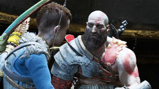 Kratos talking to his son Atreus in God of War on PC