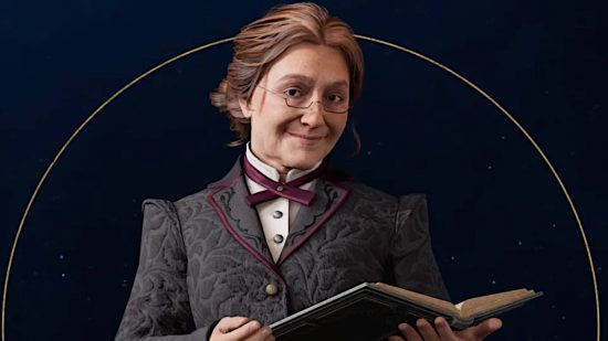 Hogwarts Legacy -karaktärer - En mugshot av professor Weasley som håller en öppen bok