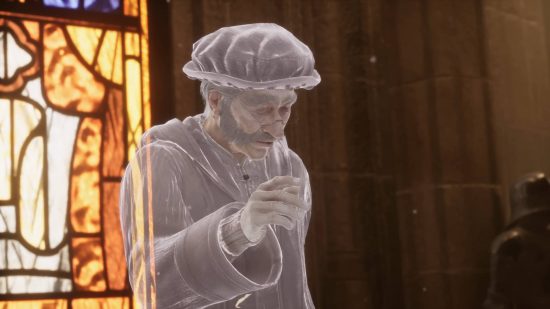 Hogwarts Legacy -karaktärer - Professor Binns är ett spöke som undervisar sin klass nära ett målat glasfönster