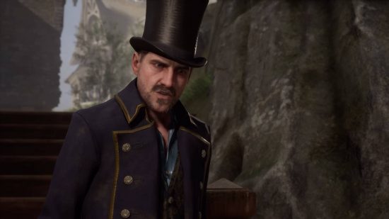 Personaggi legacy di Hogwarts - Victor Rookwood indossa un cappello a cilindro e un cappotto viola