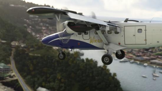 The DHC-6 Twin Otter flies over a bay in Microsoft Flight Simulator.