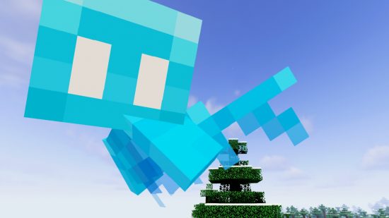 A bright blue Minecraft allay flies through the sky above a taiga, a spruce tree can be seen behind it.