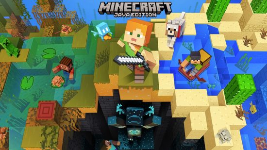 Minecraft Java and Bedrock Edition: Java Edition launch image, met Alex, Steve en andere Minecraft-personages die de Caves and Cliffs-update verkennen, waaronder de Guardian, Axolotls en Allays
