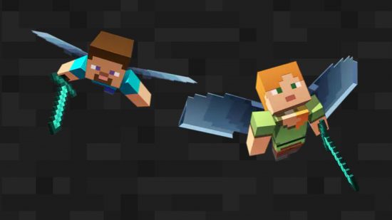 Minecraft Java en Bedrock multiplayer: Alex en Steve vliegen samen met elytra