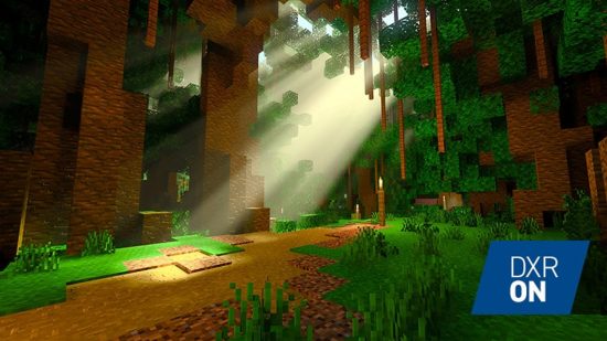 Minecraft-basis rtx: Lichtstralen schijnen door bomen in een Minecraft-jungle met ingeschakelde DXR-raytracing