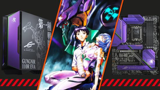 Banner with MSI's evangelion PC case and motherboard on left and right, with protagonist Shinji Ikari at the centre