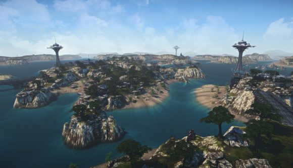 PlanetSide 2's new continent, the Isles of Oshur, with a Trident Relay tower visible in the foreground.