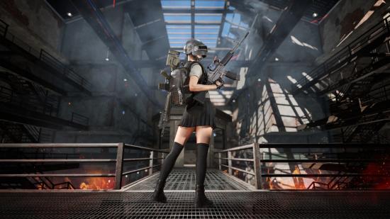 A woman holding guns in PUBG's steel helmet