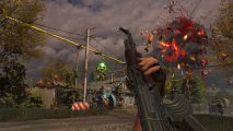 A first-person view in Serious Sam: Siberian Mayhem, featuring an AK and a host of enemies exploding into bits