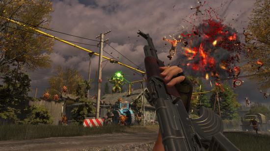 A first-person view in Serious Sam: Siberian Mayhem, featuring an AK and a host of enemies exploding into bits