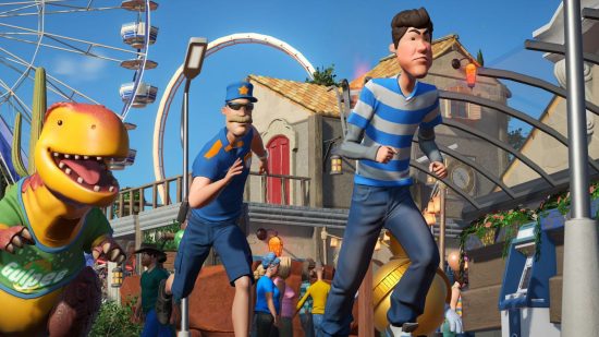 Tycoon games: a guard and a mascot chasing a miscreant in Planet Coaster