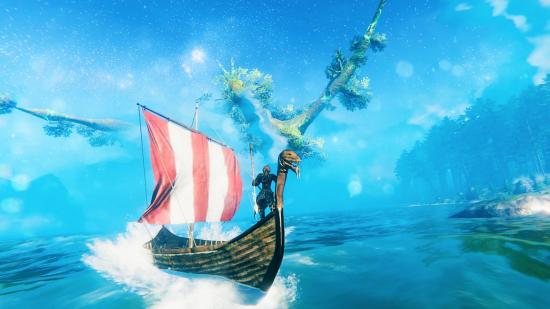 A Valheim player travels to an island on a ship