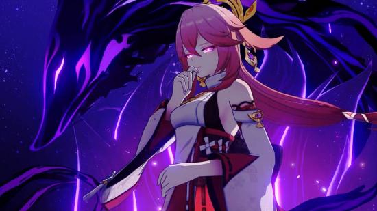 Genshin Impact Yae Miko builds make use of her elemental burst, which surrounds her with purple kitsune energy