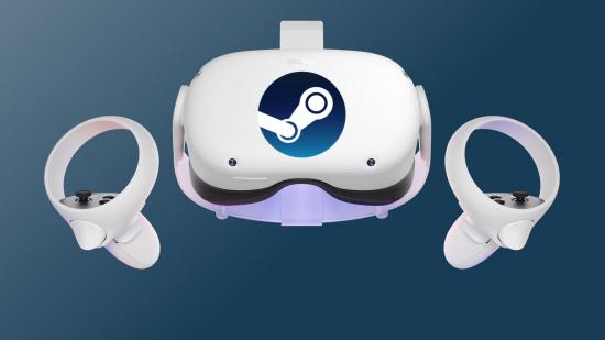 The Oculus Quest 2/Meta Quest 2 VR headset with a Steam logo on its front