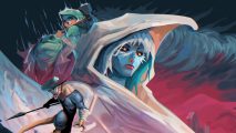 Against the Storm key art includes an illustration of a harpy, with coral blue skin, white hair, and a large hood that looks like a bird's beak.