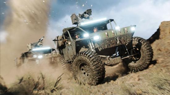 A convoy of off-road vehicles in Battlefield 2042.