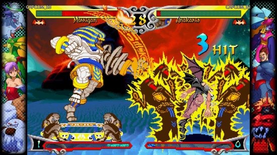 Best fighting games - Anakaris is fighting Morrigan in the desert under the full moon in the Capcom Fighting Collection. Several mummies are electrocuting Morrigan so badly, even the bats on her tights are in shock!