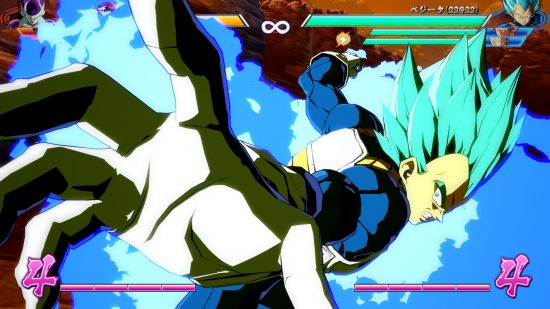Best fighting games - Vegeta in his Super Saiyan blue form, using a special attack in Dragon Ball FighterZ.