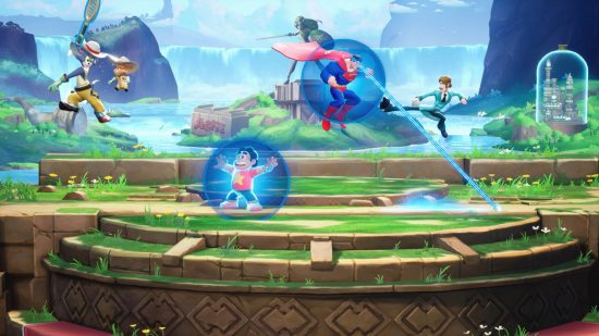 Best fighting games - Shaggy, while dressed in a blue suit, is trying to kick Superman who is firing laser beams from his eyes. Meanwhile, Tom, dressed as a cowboy, is about to swat Jerry, also dressed as a cowboy, with a tennis racket. Steven Universe is generating a force field to protect himself.