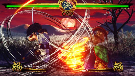 Best fighting games - Samurai Shodown's Haohmaru and Genjuro are clashing swords in a field full of crops as the sun sets.