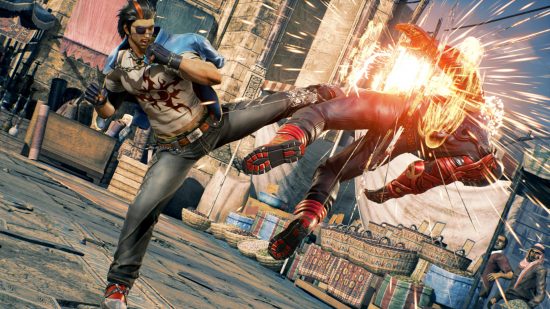 Best fighting games - Hworang, while wearing a punk outfit, is kicking another fighter in the face in Tekken 7.