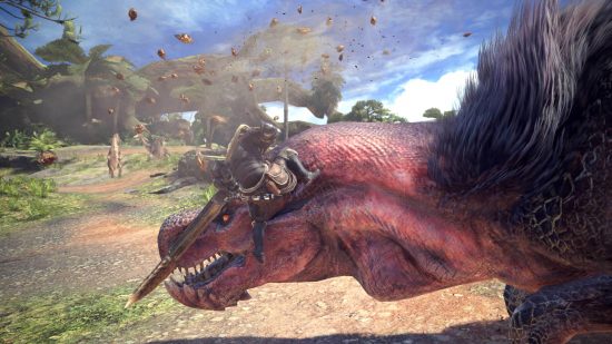 Best games like Monster Hunter - a hunter mounting the side of an Anjanath's face in Monster Hunter World. There are smaller monsters nearby just before the fallen tree.