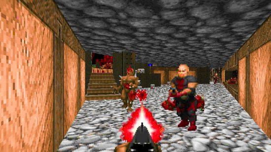 Gamle spil til pc: Kører gennem en korridor skyde dæmoner i Doom 1993