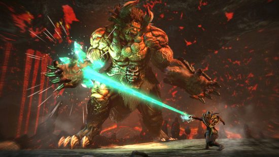 Best games like Monster Hunter: a hunter using a green crystal beam to hit an Oni's hand in Toukiden 2.