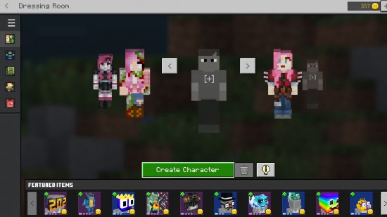 Minecraft-skin wijzigen: Karakterselectiescherm voor de kleedkamer met een leeg slot naast andere vooraf geladen avatar-skins