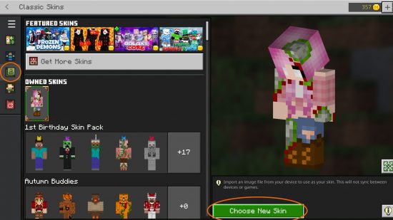 Minecraft-skin wijzigen: het klassieke skins-tabblad van de Bedrock-editie waar u kunt kiezen om een ​​png-afbeelding te importeren