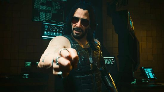 Cyberpunk 2077 system requirements: Johny Silverhand, as played by Keanu Reeves, points his finger directly towards the player.