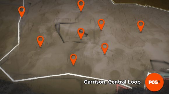 All of the inhibitors highlighted using orange pins in Dying Light's Garrison area