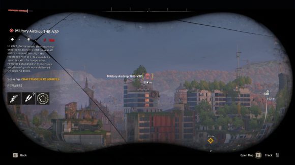 Surveying some key locations in the city with a pair of binoculars in our Dying Light 2 review