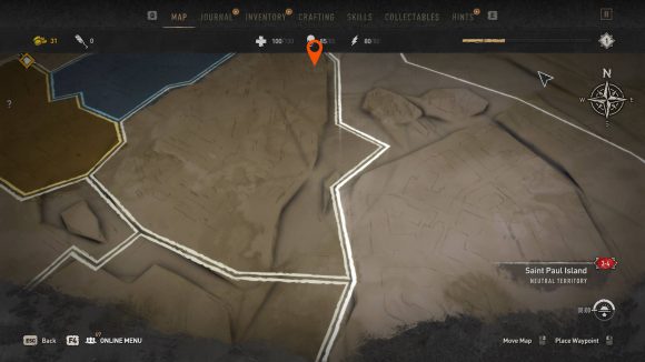 Dying Light safe location in north Muddy Grounds with an orange pin.