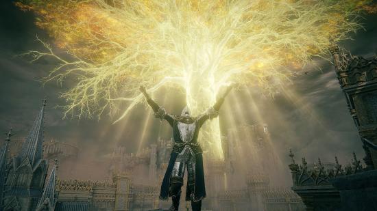 The Tarnished performing a 'praise the sun' emote in front of a giant glowing erdtree in our Elden Ring review