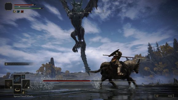 Fighting a dragon, which hovers overhead, in Elden Ring