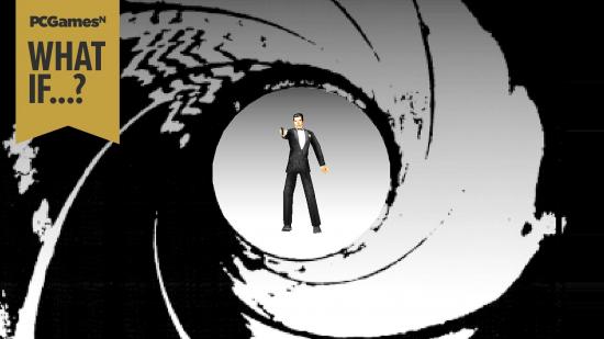 Pierce Brosnan's 007 James Bond standing in the iconic barrel of a gun camera shot, from the GoldenEye 007 game