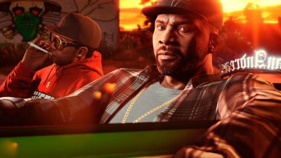 Franklin and Lamar in a convertible in GTA Online.