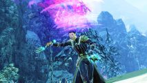 A magic user wearing ornate robes and a monocle conjures a spell in Guild Wars 2: End of Dragons.